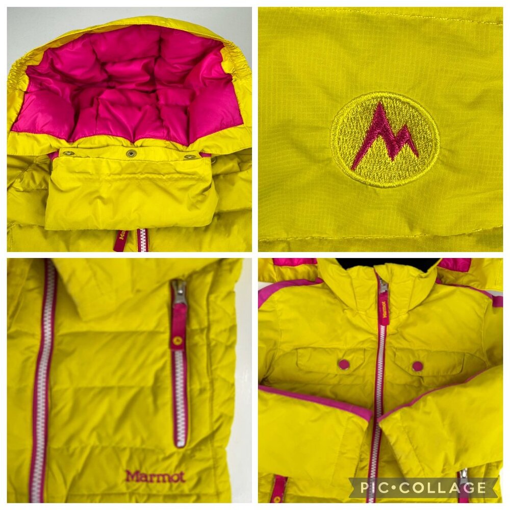 Marmot Girls Puffer Down Jacket Yellow Pink XS Warm Insulated Hooded Windproof - Picture 5 of 16